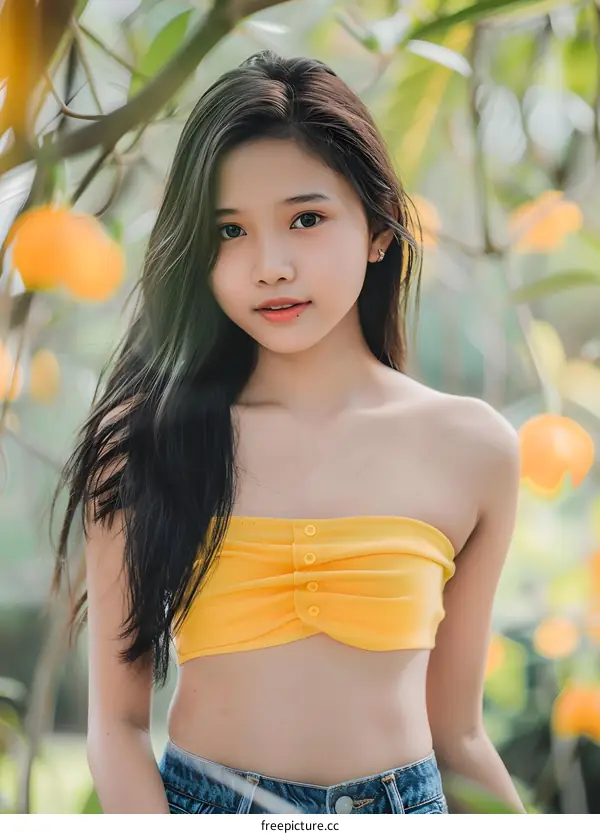 Portrait of a Young Woman with Long Black Hair in a Yellow Crop Top and Blue Jeans