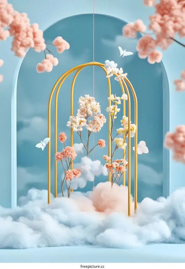 Golden Archway Decorated with Flowers and Butterflies in a Dreamy Blue Setting