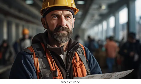 Portrait of a construction worker wearing a hard hat and safety vest looking at blueprints