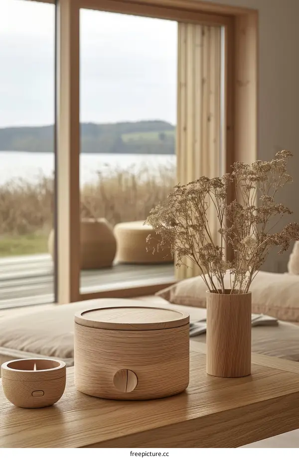 Wooden Table with Vase and Flowers in Serene Lakeside Cottage