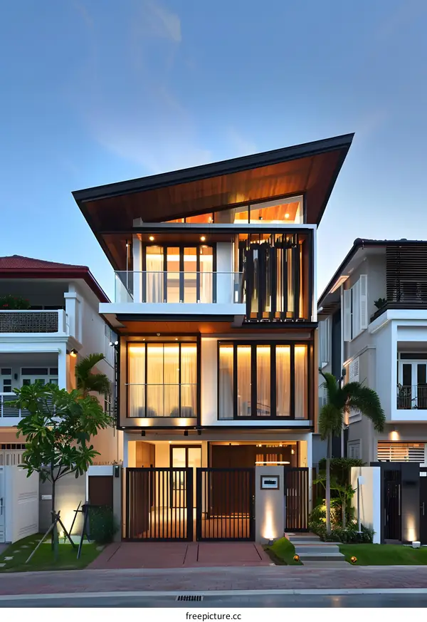 Modern House with Wooden Roof and Large Windows