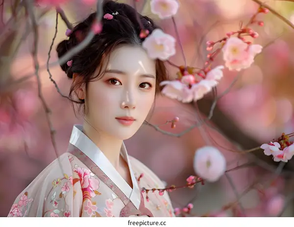 Portrait of a young Korean woman in traditional dress, surrounded by cherry blossoms
