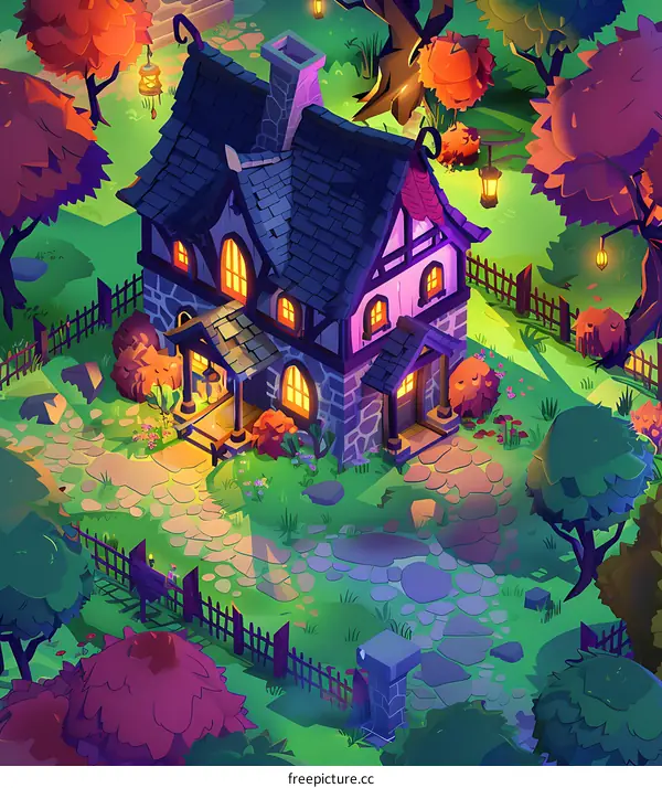 Fantasy House Illustration With Stone Path And Trees