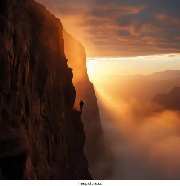 A lone hiker on a mountain peak at sunset