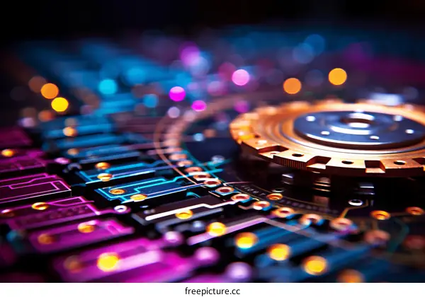 A close-up of a computer circuit board with a gear