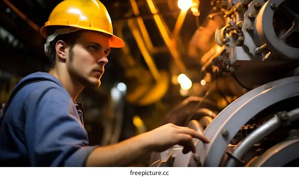 Industrial worker wearing hardhat inspecting machinery