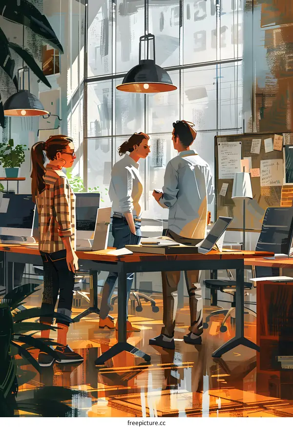 Three business people discussing ideas in an office