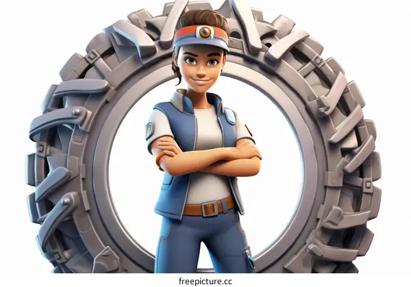 A female mechanic standing in front of a large wheel