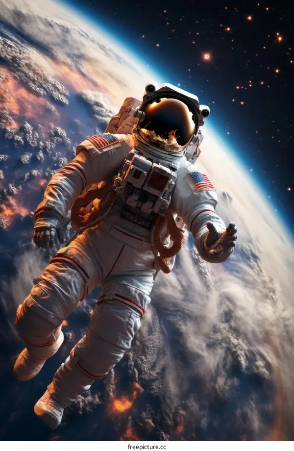 An astronaut in a spacesuit is floating in space with the Earth in the background.