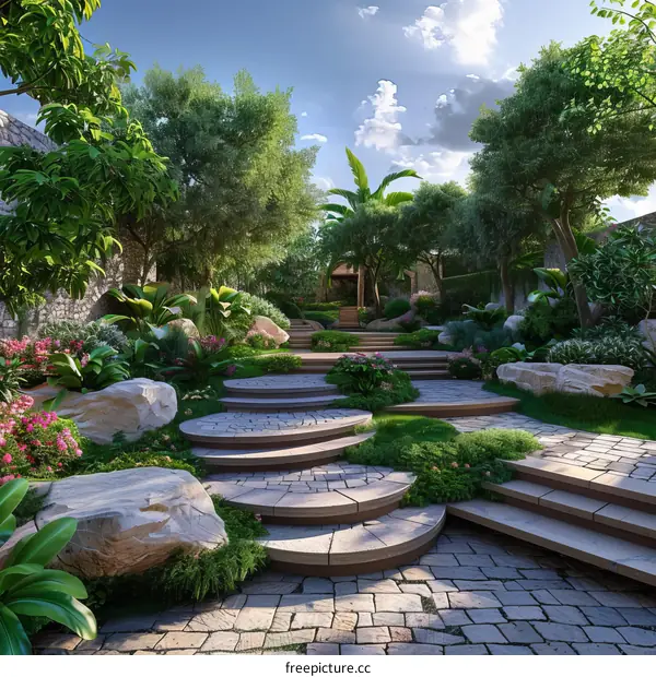 Stone Steps Leading to a Lush Garden Oasis