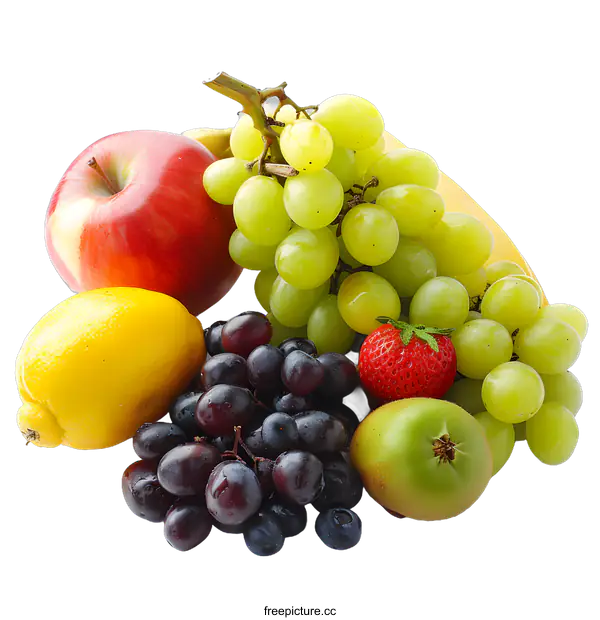 [Transparent Background PNG]Fresh Fruit Arrangement with Grapes, Apple, Lemon, Kiwi, and Strawberry