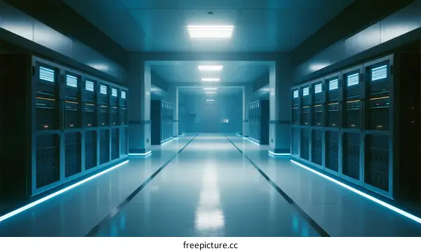 Modern Server Room with Rows of Equipment and Blue Lighting