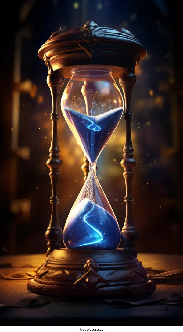 An illustration of an hourglass with blue sand
