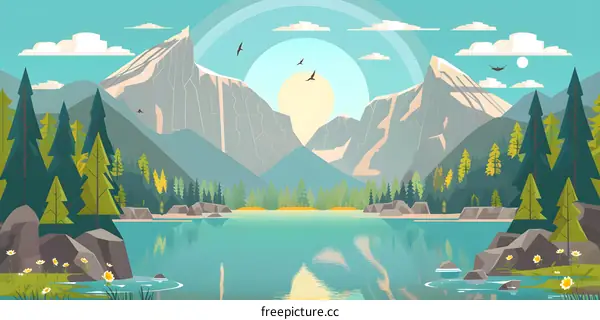 Mountain Lake Landscape Illustration