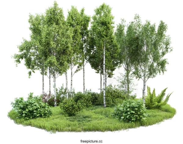 [Transparent Background PNG]Green Trees and Shrubs in a Grassy Area