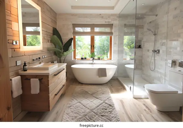 A modern bathroom with a large bathtub and a glass shower