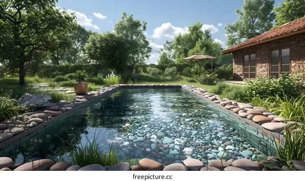 Pebble bottom swimming pool with stone coping and lush landscaping
