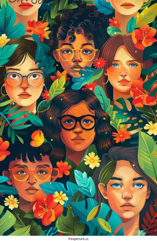 Diverse Group of Women with Flowers and Leaves
