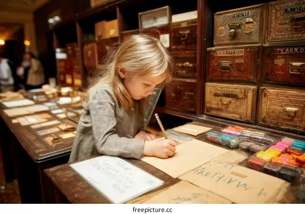 Child Writing at a Vintage Counter in an Old Shop