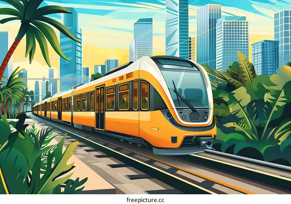 Modern Train on Railway Track in City with Palm Trees