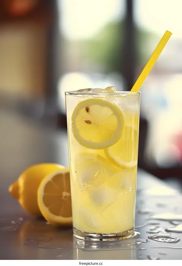 Refreshing Lemonade with Lemon Slices and Ice Cubes