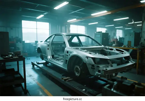 Automobile body frame on assembly line in modern factory