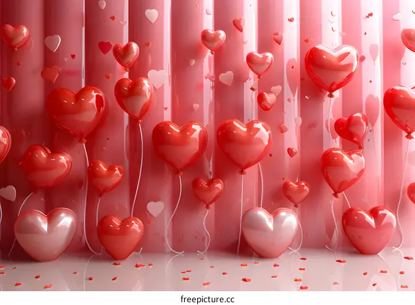 Red and pink heart-shaped balloons with pink background