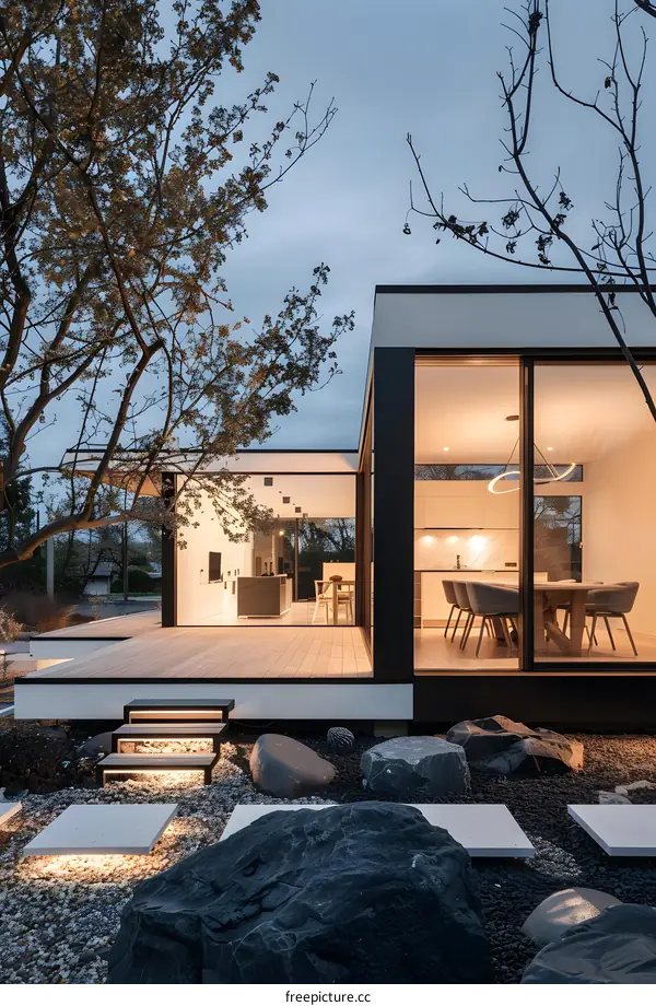 Modern Minimalist Home Exterior with Stone Pathway and Large Windows