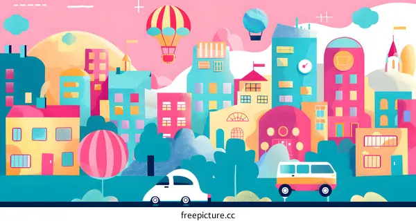 Colorful Cityscape Illustration With Hot Air Balloons