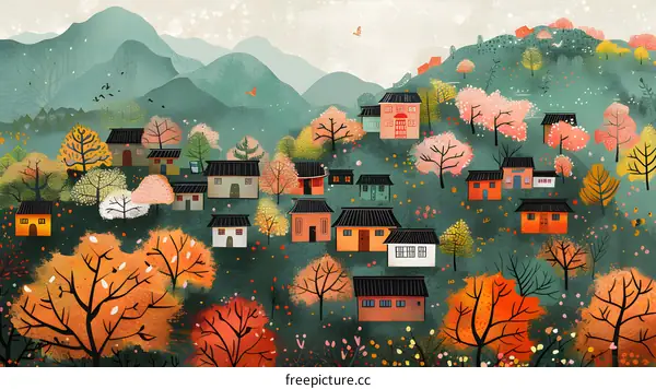 houses on a hill with trees and flowers