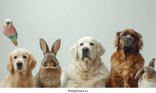 A Group of Animals Including a Rabbit, Two Dogs, a Bird and a Cat