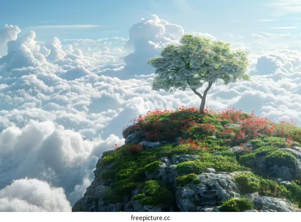 A Solitary Tree atop a Cloud-Kissed Mountain