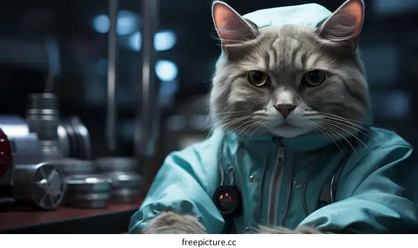 A Gray Cat Wearing a Lab Coat