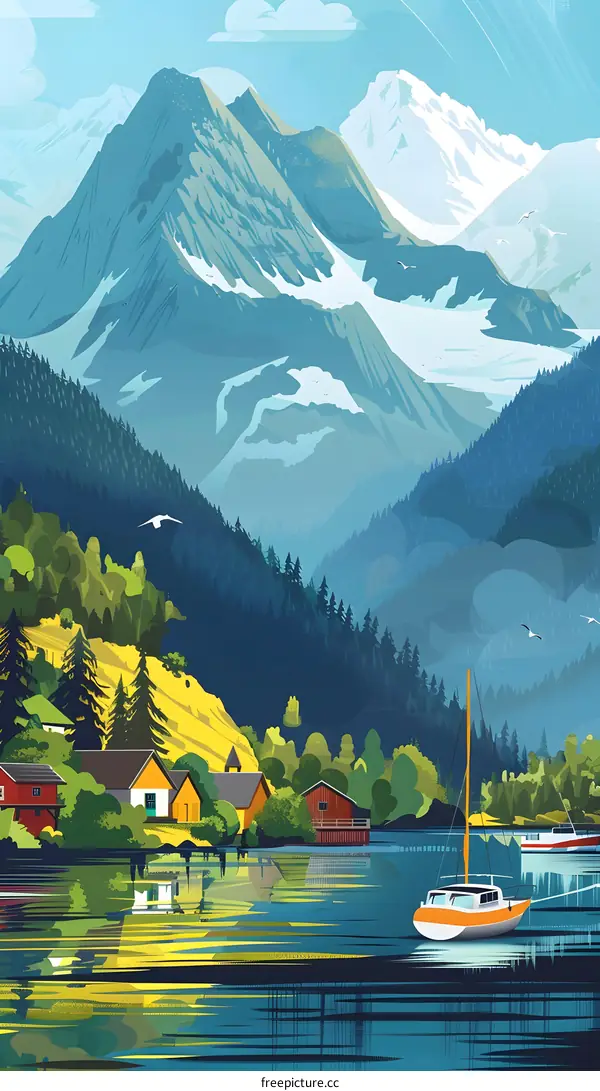 Mountain Lake Landscape Illustration with Boat and Houses