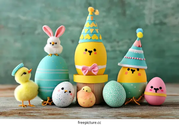 Colorful Easter Eggs and Chicks Decorated for Spring