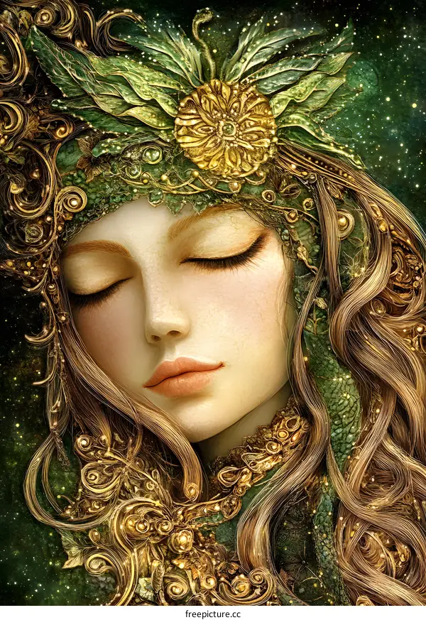 Golden and Green Fantasy Portrait of a Woman with Closed Eyes