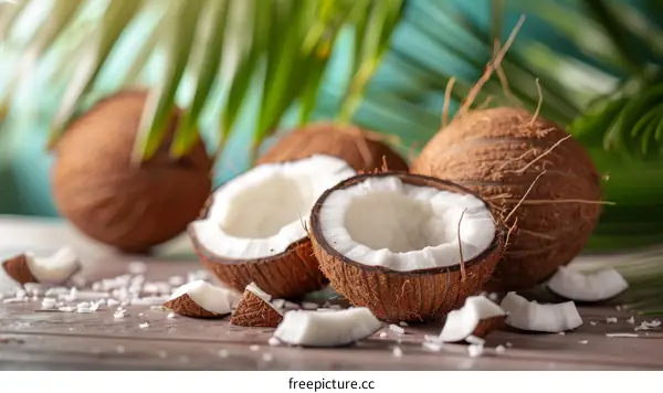 Fresh coconuts with palm leaves on a wooden table