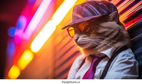 Cool cat in sunglasses and hat looking away