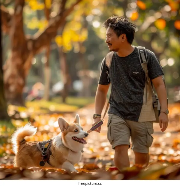 A man walking his corgi in the park