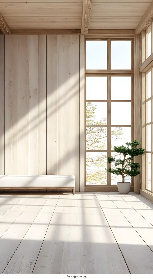 Minimalist Room Design with Wooden Walls and Large Window