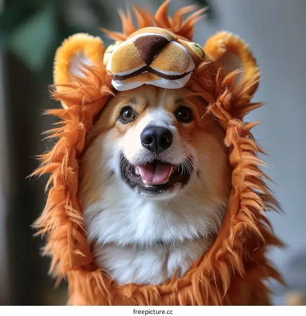 A cute dog wearing a lion costume
