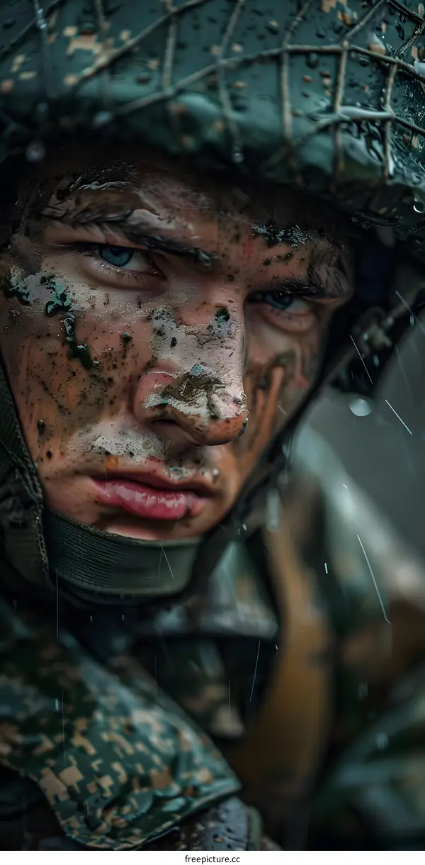 Portrait of a soldier with mud on his face