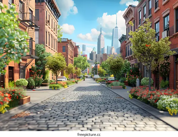 A photo of a tree-lined street with flowers