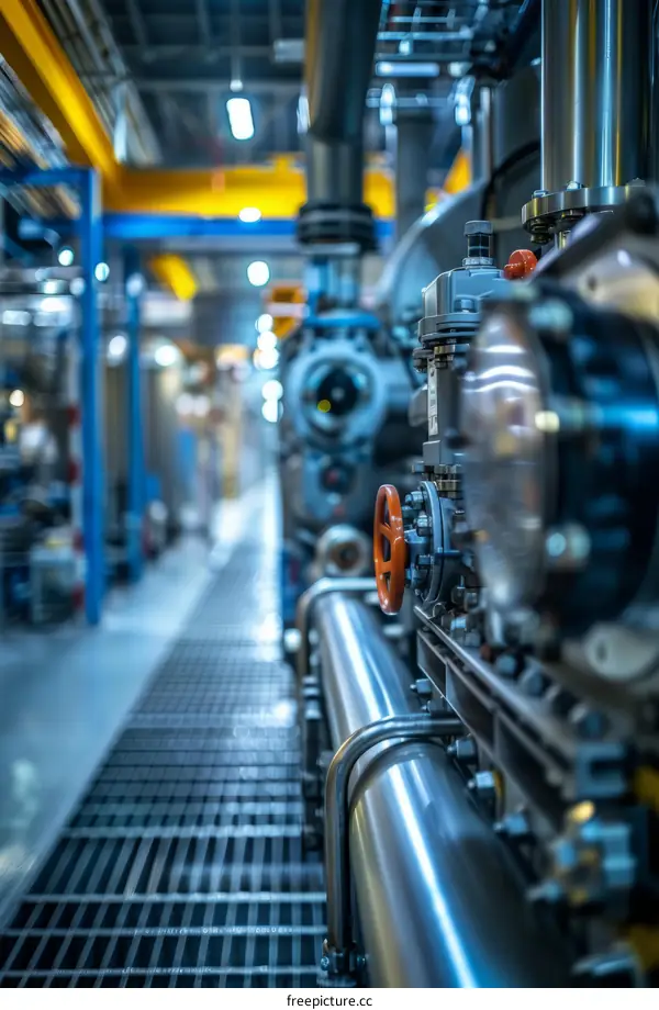 Industrial piping system with large metal valves and gauges