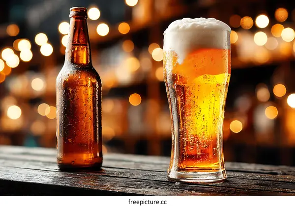 Cold Beer Bottle and Glass on Wooden Bar