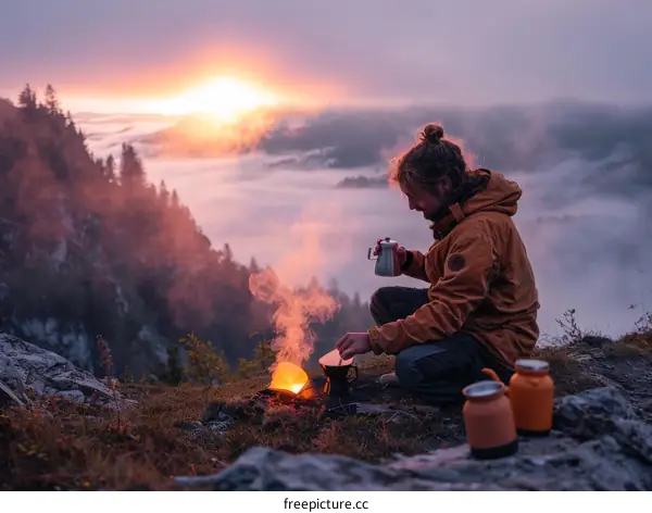 Man making coffee on a mountaintop overlooking a valley at sunrise