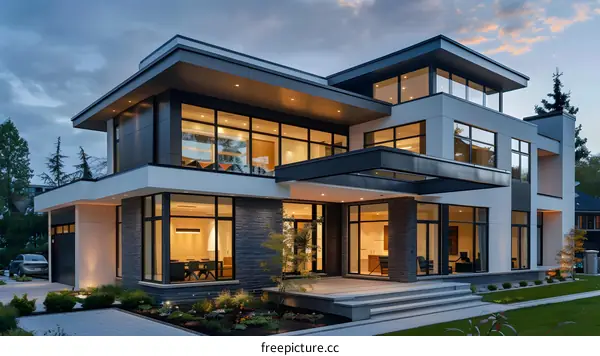 Modern House with Large Windows and Stone Facade