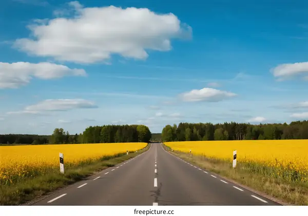 A scenic road surrounded by vibrant yellow fields under a clear blue sky