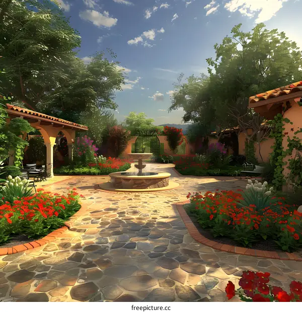 Stone Patio Garden with Fountain and Greenery