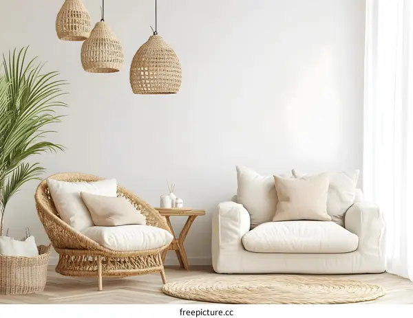 Minimalist Living Room With Wicker Chair and Sofa